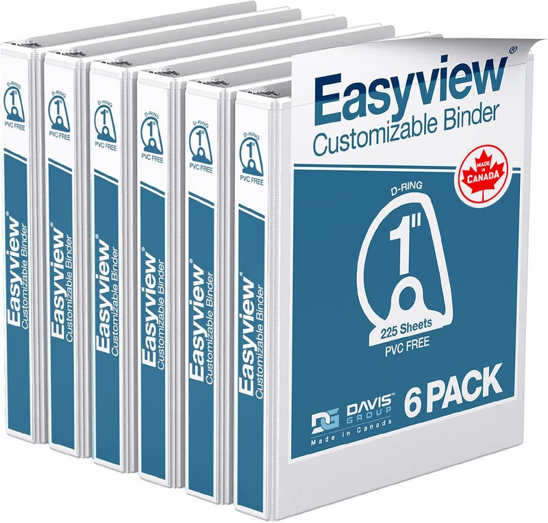 Davis Group مجلدات EasyView Premium بحجم 1 إنش مع أغطية شفافة، مجلدات 3 حلقات للمدرسة أو المكتب أو المنزل، دفاتر مجلدات ملونة، عبوة من 6، حلقة D، بيضاء - Image 1